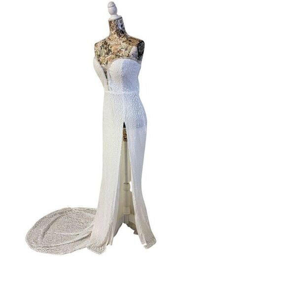 Formal Dress White Sparkle Sequin Mermaid Sweetheart Split Long Maxi Gown Train - Picture 6 of 11